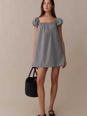 Kourt Square Neck Puff Sleeve Mini Dress in Black And White Gingham